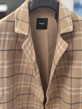 Theory Womens Clairene Autumn Double Camel Plaid Wool Blend Open Front Coat S/P
